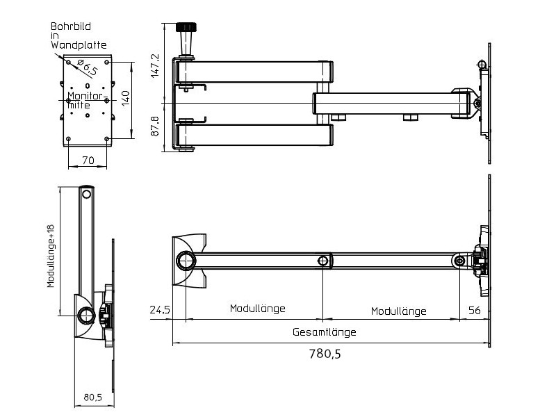Novus SKY 10N TV Wandhalterung arretierbar bis 26 Zoll, 350mm, Maße