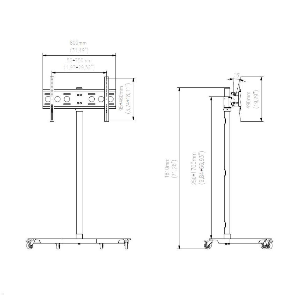 Edbak TR5 mobiler Monitor Ständer höhenverstellbar, 37-60Zoll, Zeichnung Maße