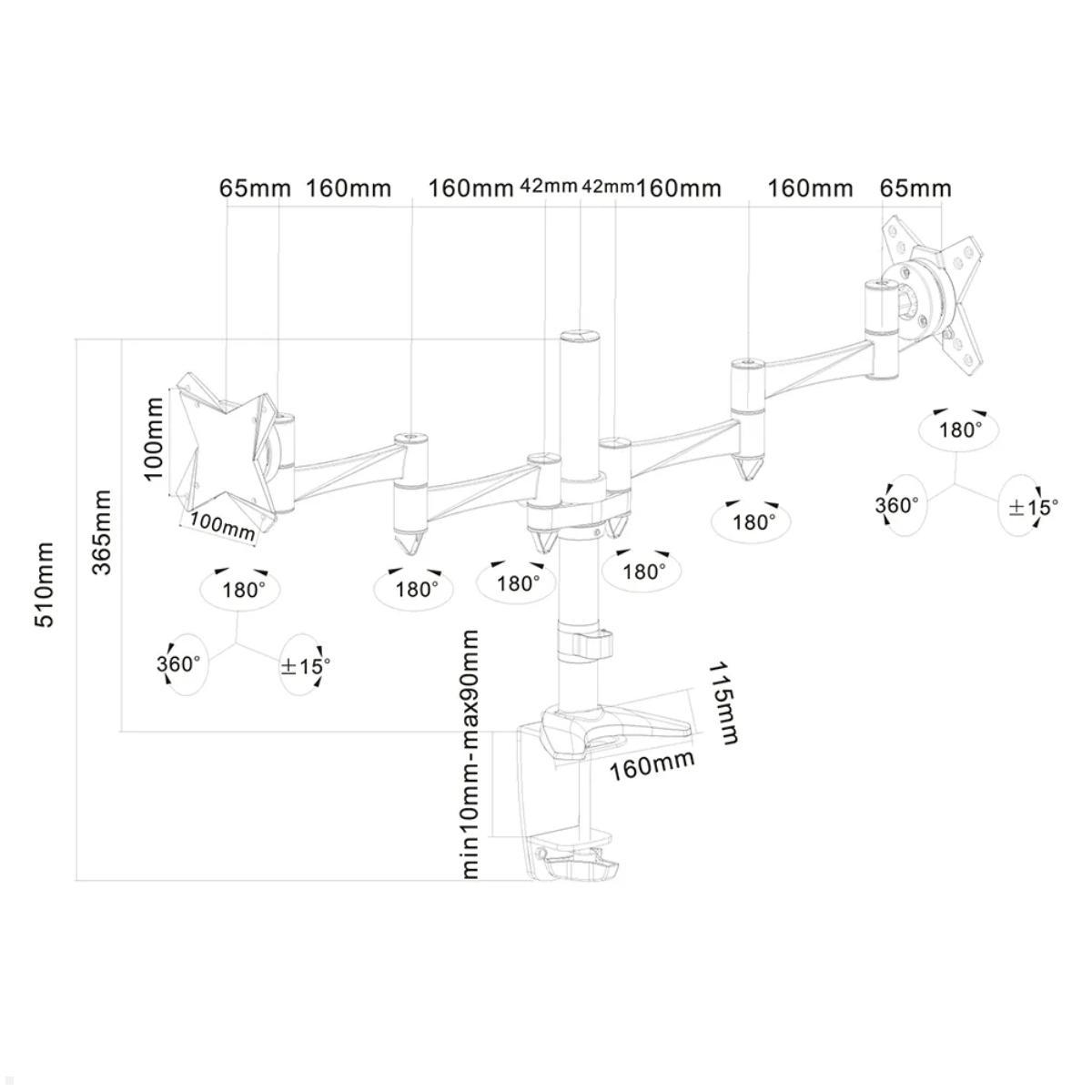 Neomounts FPMA-D1330DWHITE duale Monitor Tischhalterung, Technische Zeichnung