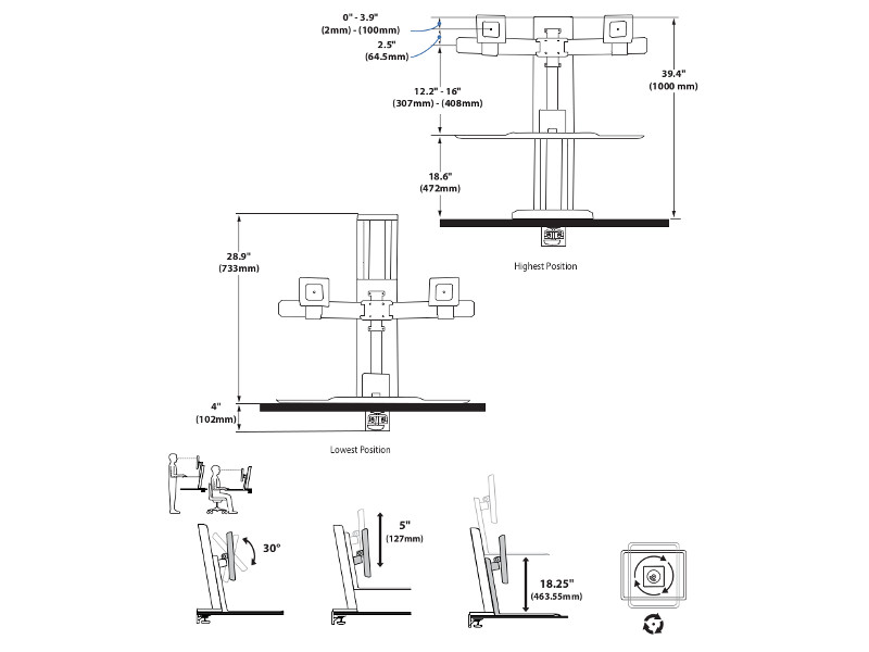 Ergotron 33-407-062 WorkFit SR Sit-Stand Workstation Zeichnung 2
