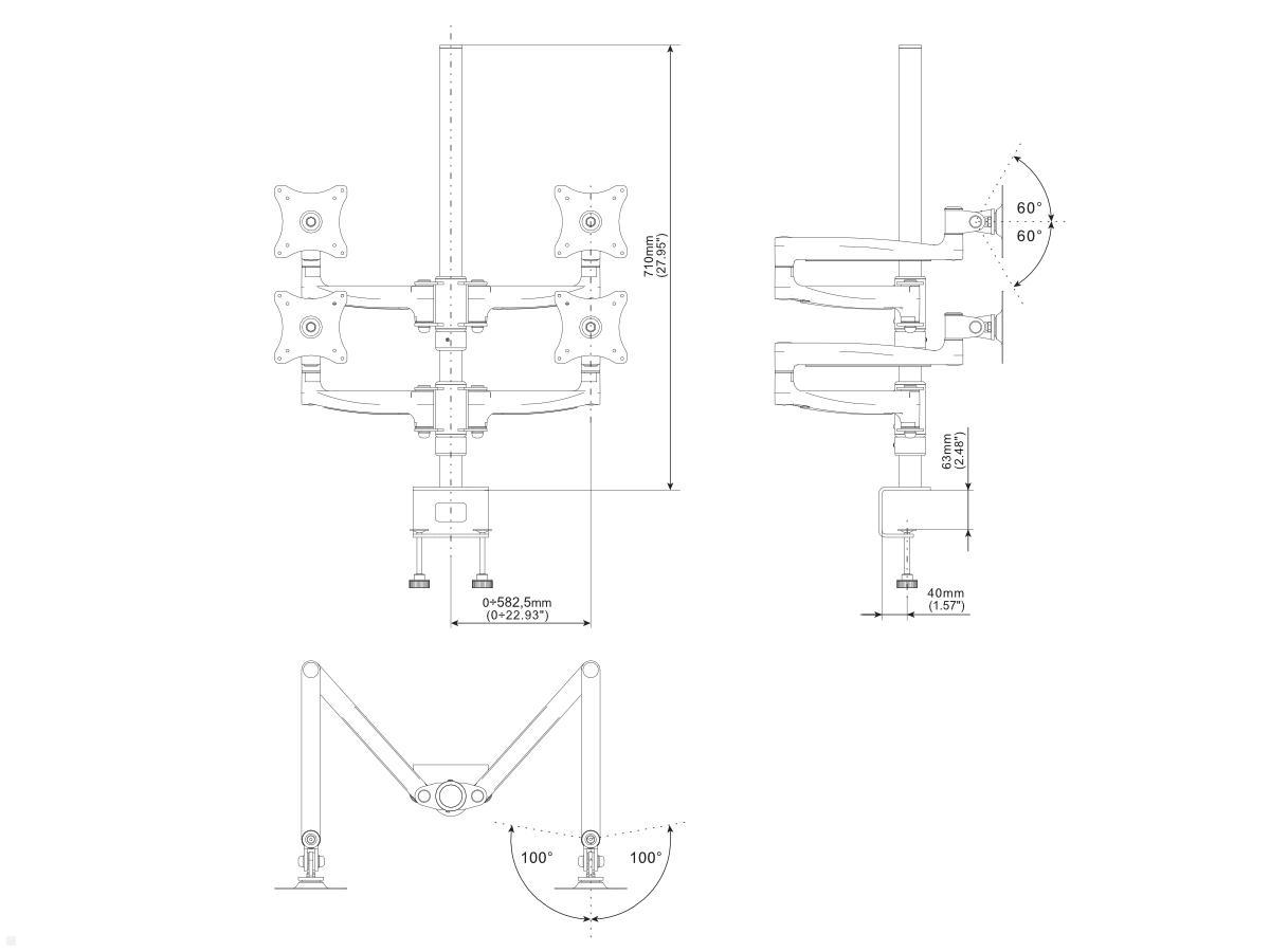 Edbak DM141 4-fach Monitor Tischhalterung 19 bis 27 Zoll, schwarz technische Zeichnung