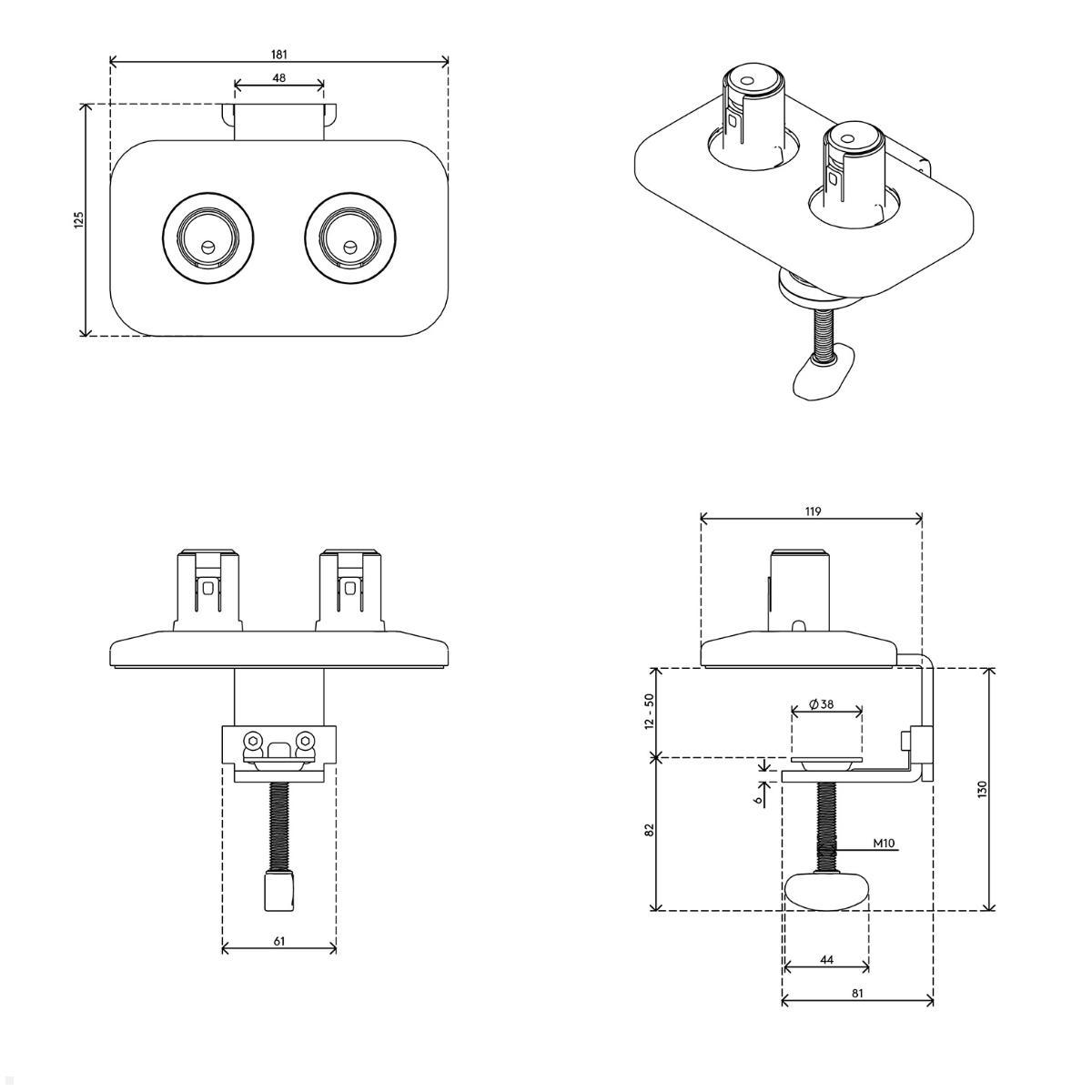Dataflex Zubehör Viewprime Dual Tischklemme für 2 Monitorhalter (65.920), weiß technische Zeichnung