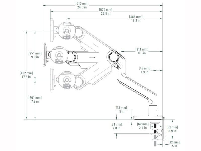 Humanscale M10 Monitor Tischhalterung Klemme, schräg, silber (M10CMSBTB) Technische Zeichnung