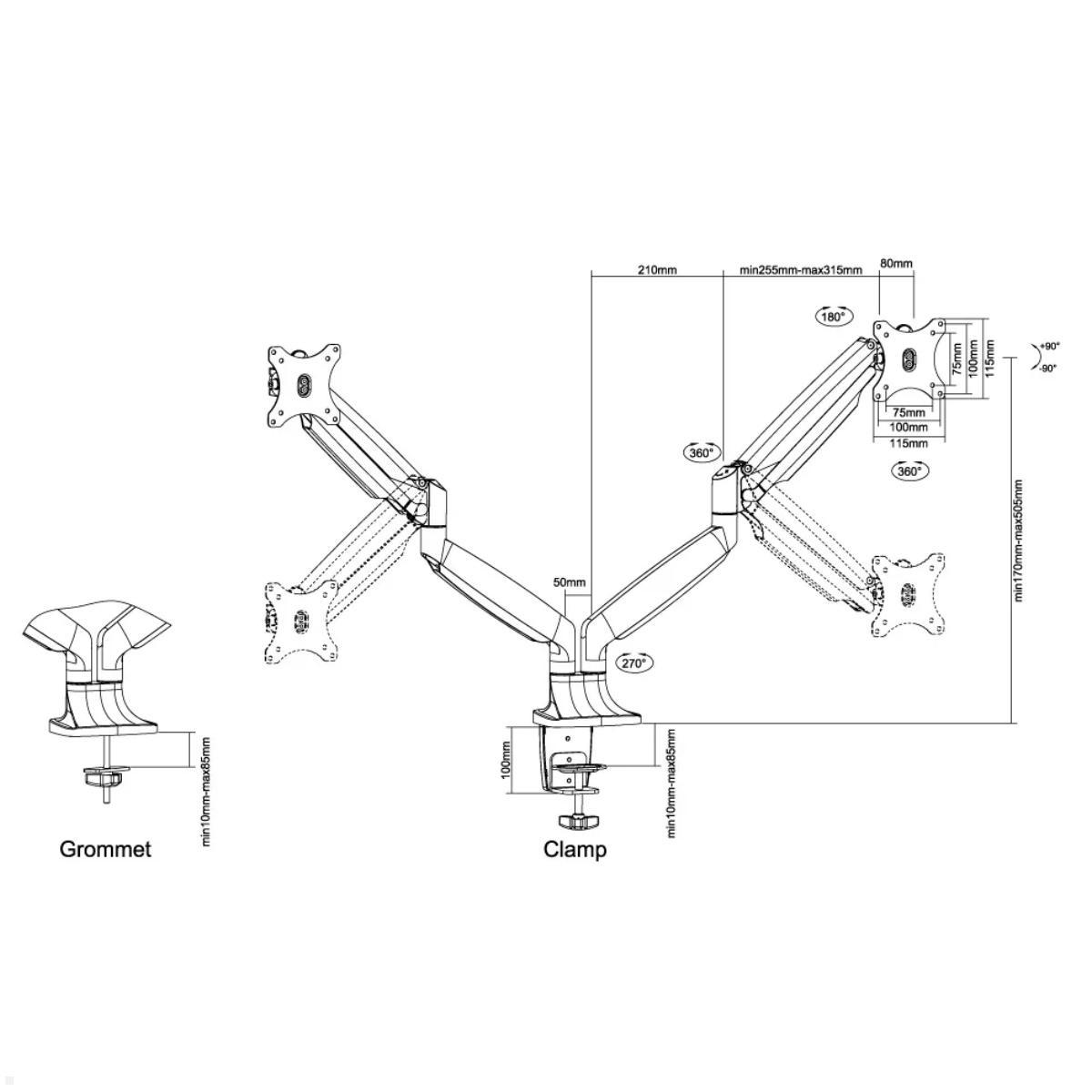 Neomounts Select NM-D750D Dual-Monitor Tischhalter, Technische Zeichnung